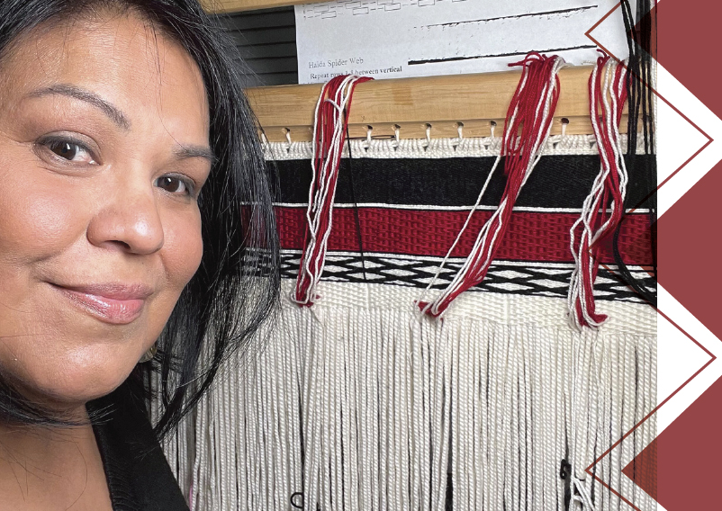 "Tlingit weaver Heidi Vantrease taking a selfie in front of her red, black, and white Ravenstail apron"