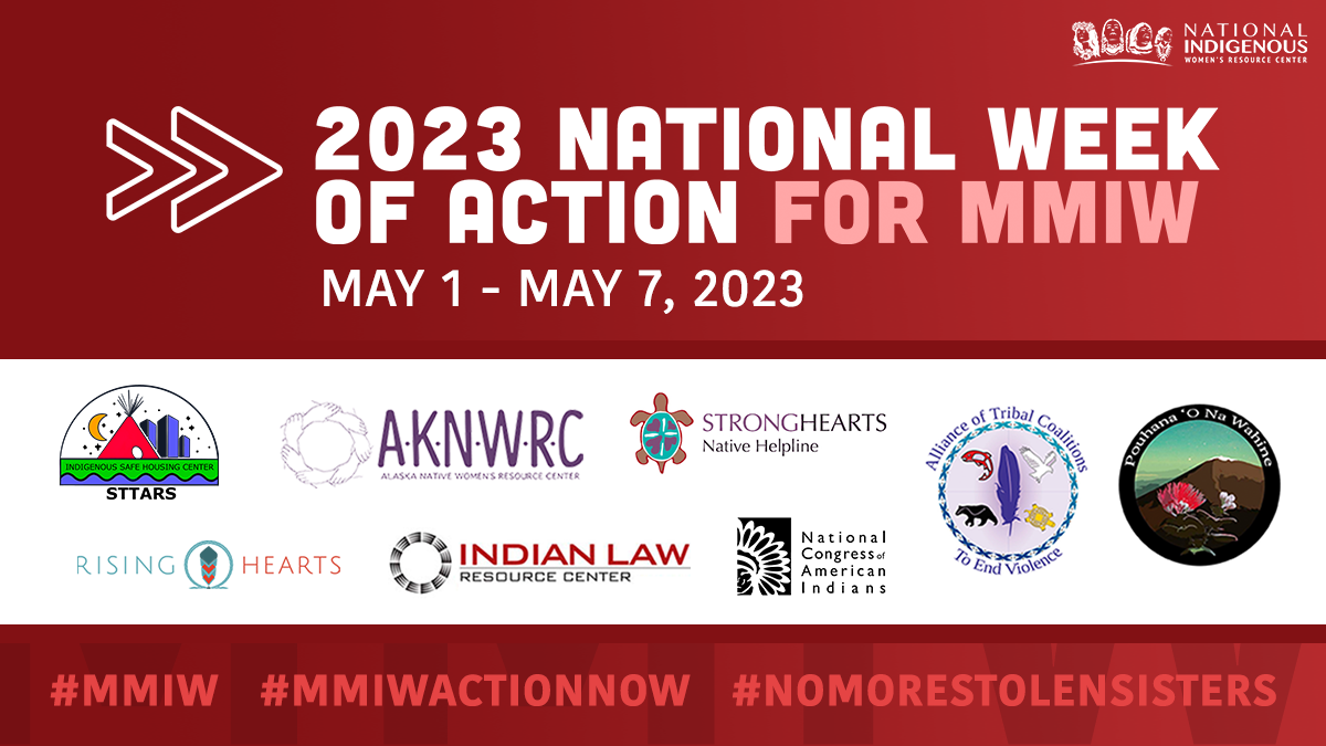 2023 National Week of Action For MMIW banner (with partner logos below and MMIW hasgtags at the bottom)