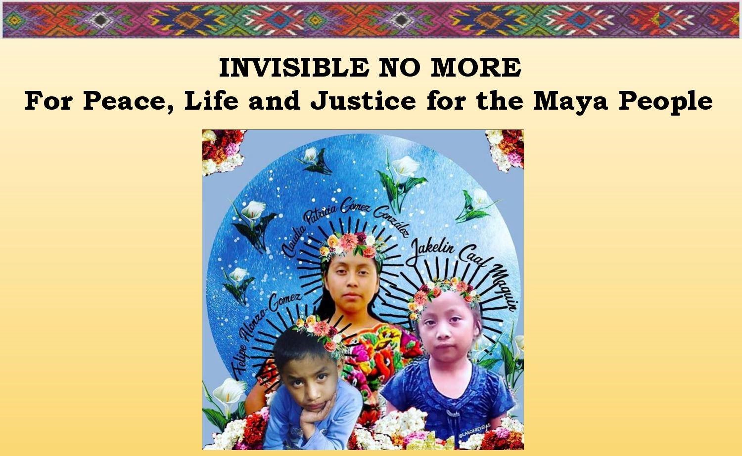 Graphic with yellow background and symbols across top. Photo of three children with flowers surrounding them and blue background. Names above the children's heads: Felipe Alonzo-Gomez, Claudia Patricia Gomez Gonzalz, Jakelin Caal Maquin