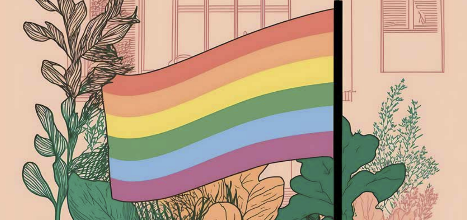 "Stock illustration of pride flag surrounded by plants and vegatation"