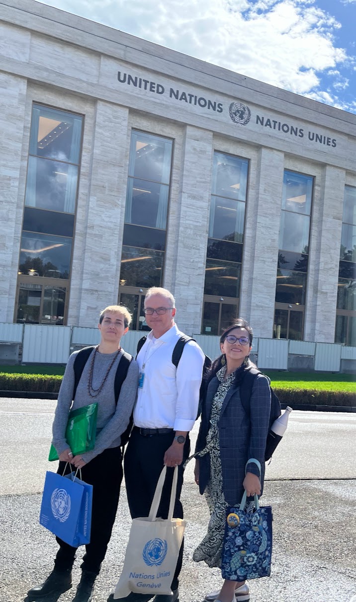 Indian Law Resource Center Staff at UN Headquarters Geneva, September 2024 (Miranda Carman, Christopher T. Foley, Gianella Sanchez). / Photo courtesy of ILRC.