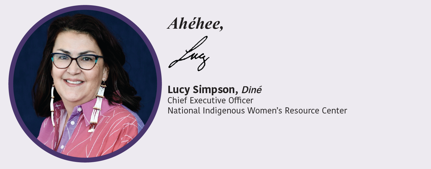 Headshot of Lucy, smiling with a red top. Her signature is there with a thank you in Navajo