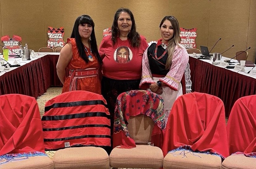 "NIA Commission Hearing in Albuquerque, NM. Celina Montoya Garcia, Land & Body Violence Coordinator, Terrie Chavarria, Santa Clara Pueblo Social Services, and Tiffany Jiron, Policy & Advocacy Director. / Photo courtesy of CSVANW."