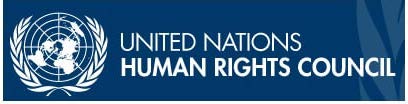 Blue background with UNHRC Logo and "United Nations Human Rights Council" in white font