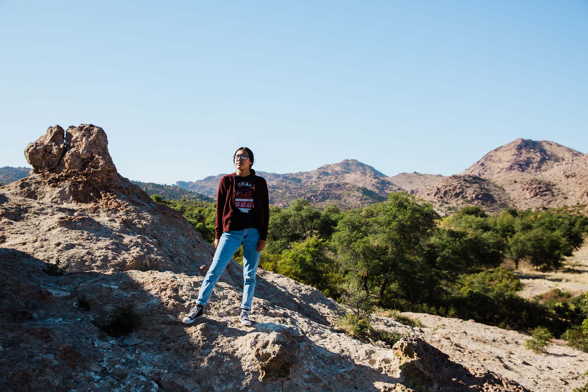 Naelyn Pike (Chiricahua Apache) at Oak Flat in the Tonto National Forest in Arizona. (Photo courtesy of Caitlin O’Hara / Juntos Photo.)