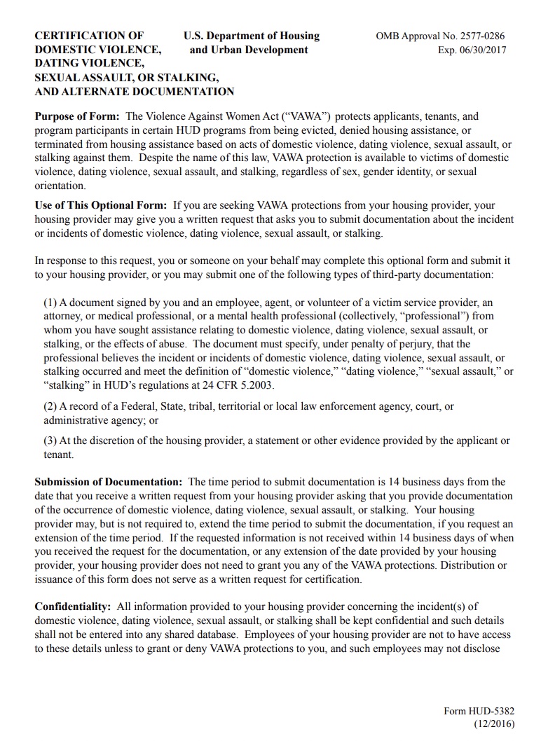 Certification of Domestic Violence, Dating Violence, Sexual Assault or Stalking and Alternate Documentation