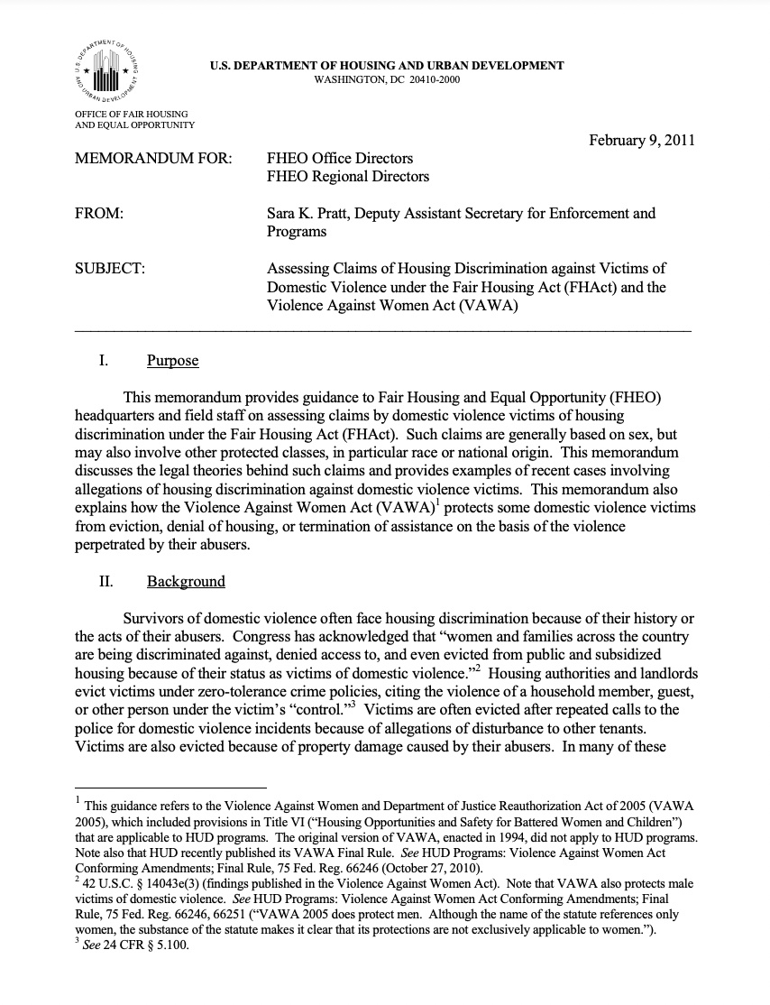 HUD Memo Assessing Claims of Housing Discrimination against Victims of Domestic Violence Under the Fair Housing Act and the Violence Against Women Act