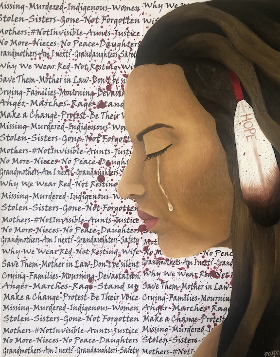 Graphic of Native woman with tear running down her face and text behind her. 