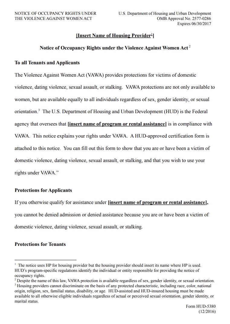 Notice of Occupancy Rights Under the Violence Against Women Act