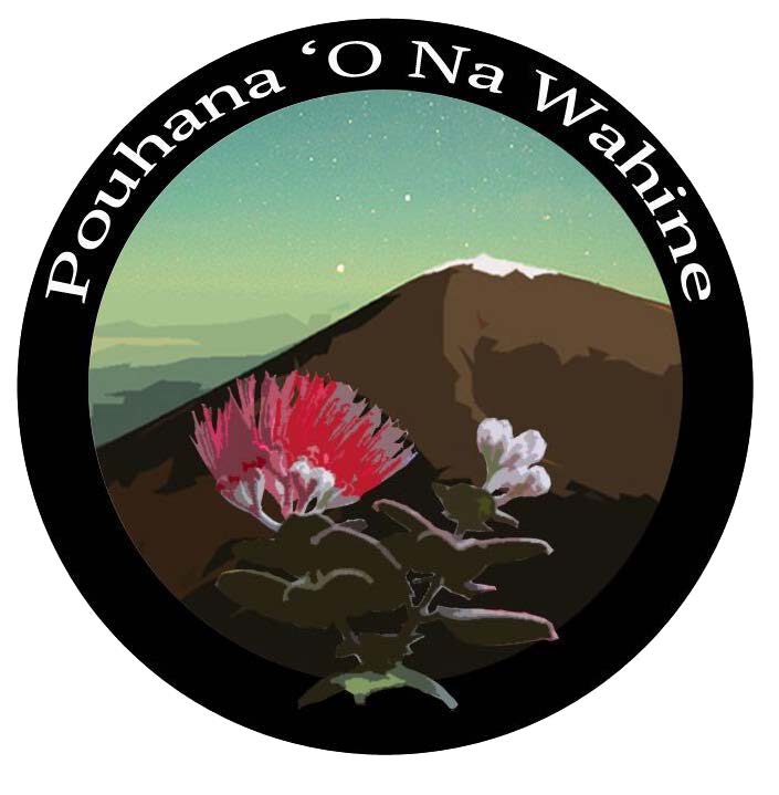 Pouhana 'O Na Wahine logo: mountains in background, pink and white flower in foreground, 'Pouhana 'O Na Wahine white text over black. 