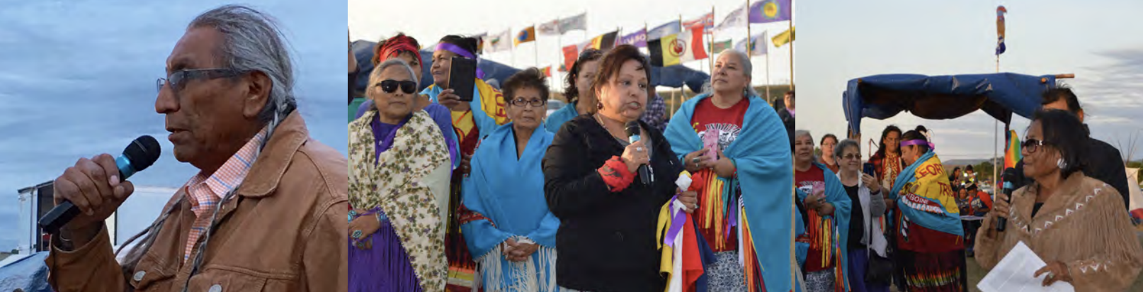 "Three pictures stitched together, each showing a different Native person speaking into a microphone to a crowd"