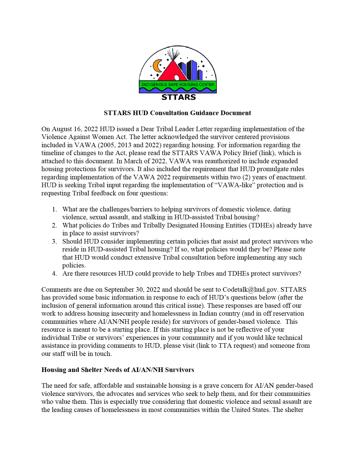 PDF screenshot of STTARS HUD Consultation Guidance Document 