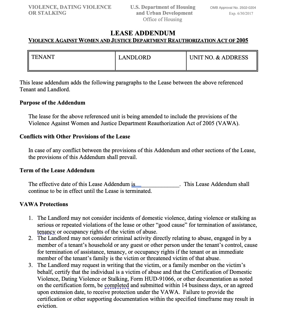 Section 8 VAWA Lease Addendum