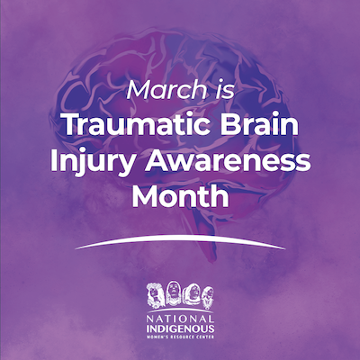 outline of brain with clouds of pink and purple surrounding it with white text reading "March is Traumatic Brain Injury Awareness Month"