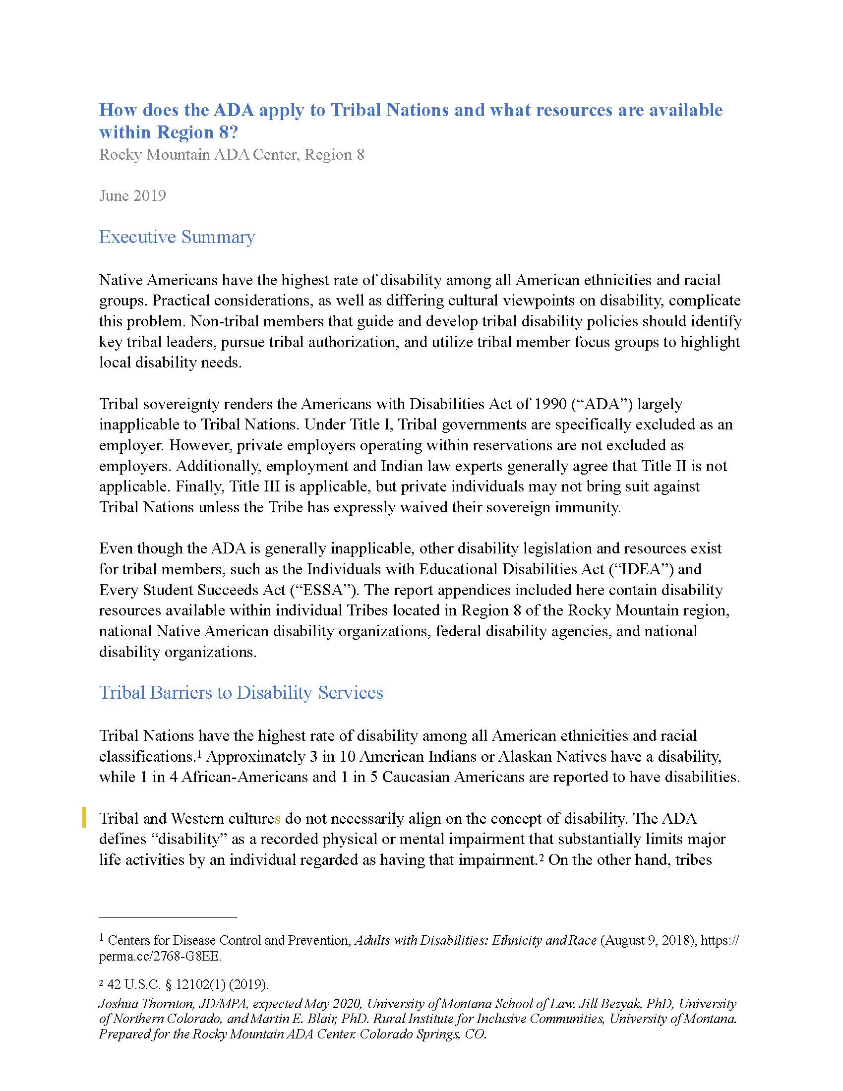 First page of report titled, How does the ADA apply to Tribal Nations and what resources are available within Region 8.