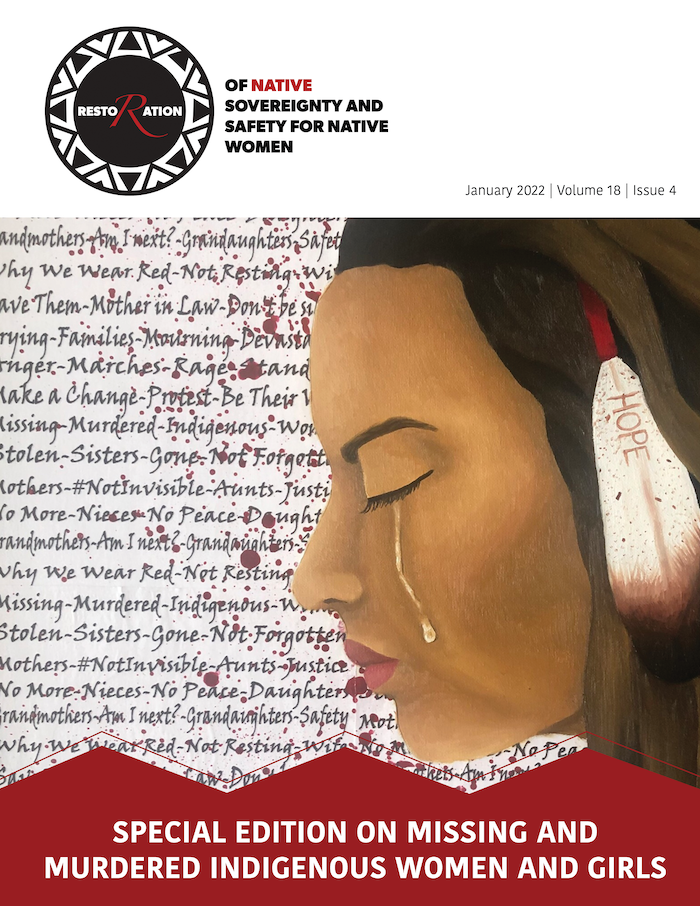 Cover of Restoration 18.4. Title in white: "Special Edition on Missing and Murdered Indigenous Women and Girls" over graphic of Native woman. Logo of Restoration. January 2022, Volume 18, Issue 4 in black text at top.