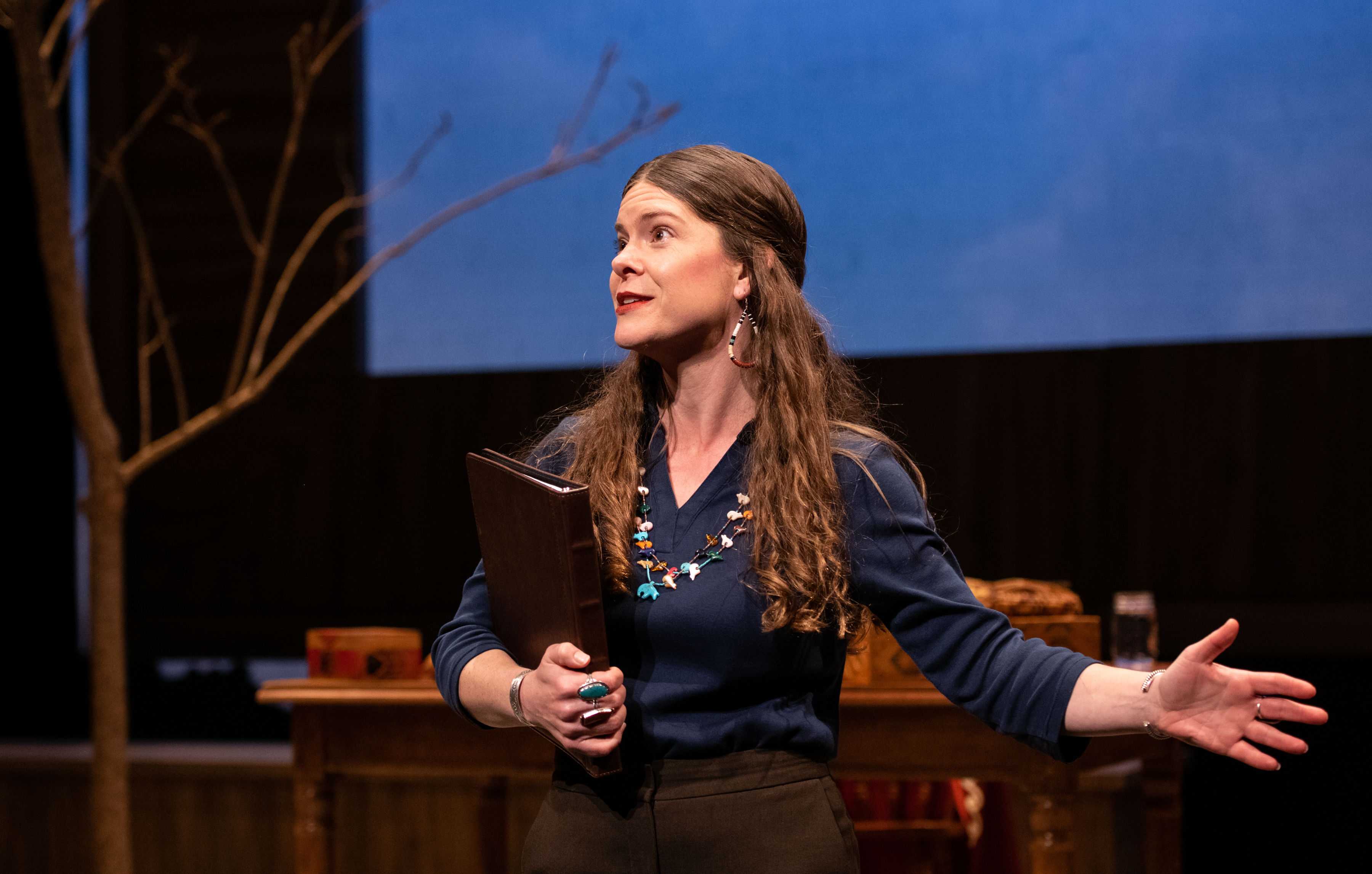 "Mary Kathryn Nagle (Jean) in On the Far End at Round House Theatre. / Photo courtesy of Margot Schulman."