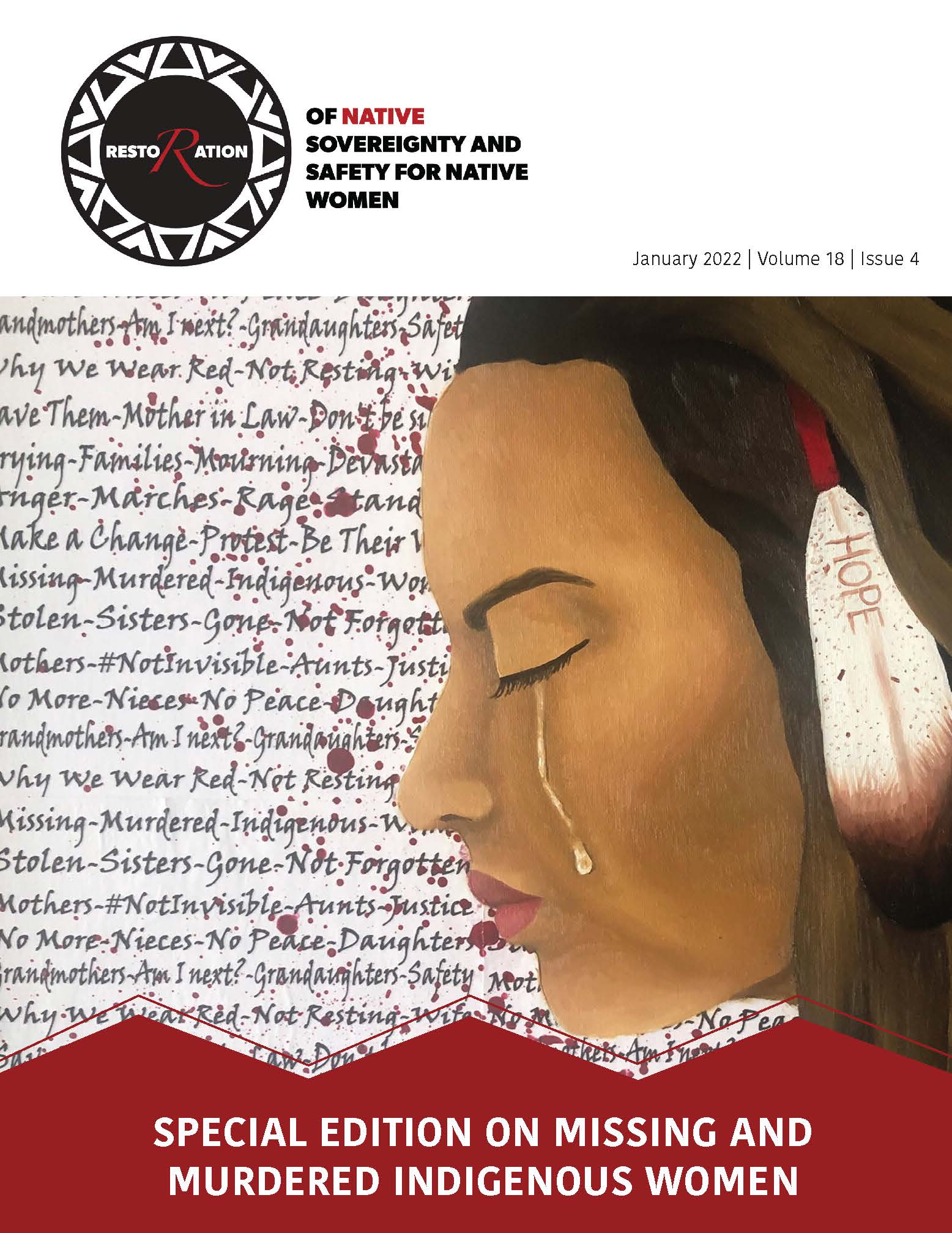 Cover of Restoration 18.4. Title in white: "Special Edition on Missing and Murdered Indigenous Women" over graphic of Native woman. Logo of Restoration. January 2022, Volume 18, Issue 4 in black text at top.
