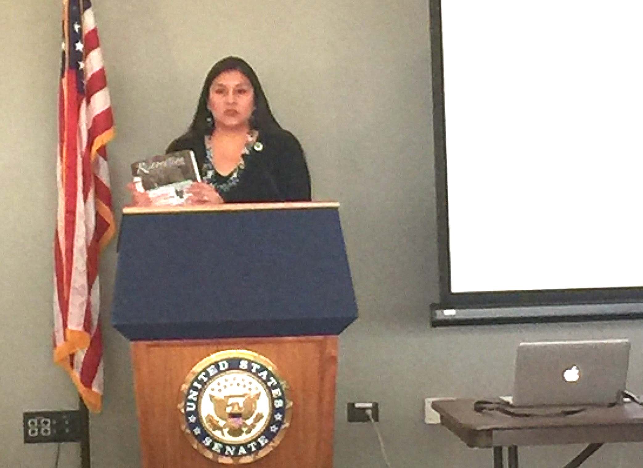Cherrah Giles, Chairwoman, Board of Directors, National Indigenous Women's Resource Center, speaks at the briefing on Wednesday, February 15, 2017.