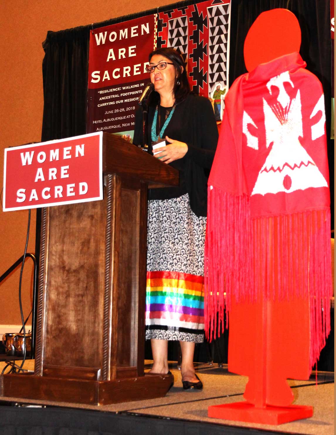 Lucy Simpson, NIWRC Executive Director, gives introductions and welcomes attendees to the 2018 Women Are Sacred Conference in Albuquerque, NM on June 26th. 