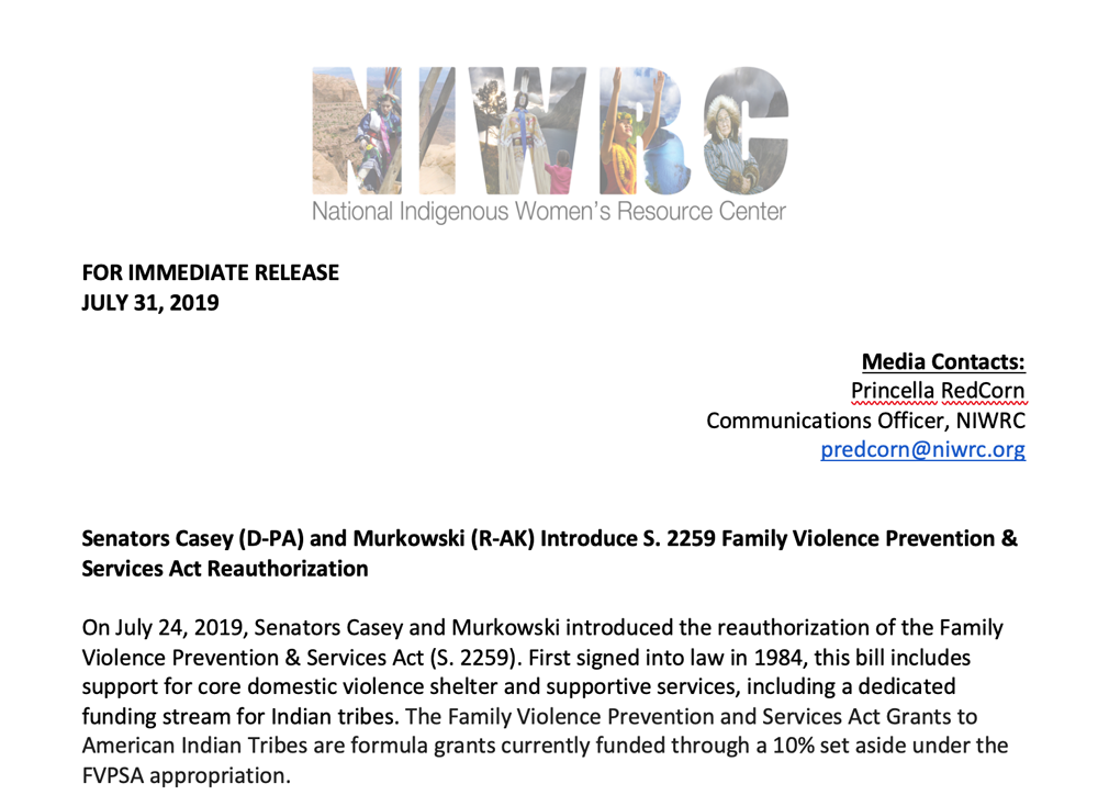 Senators Casey (D-PA) and Murkowski (R-AK) Introduce S. 2259 Family Violence Prevention & Services Act Reauthorization