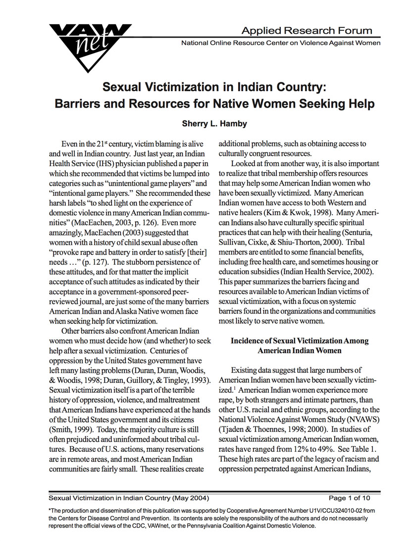 Sexual Victimization in Indian Country: Barriers and Resources for Native Women Seeking Help
