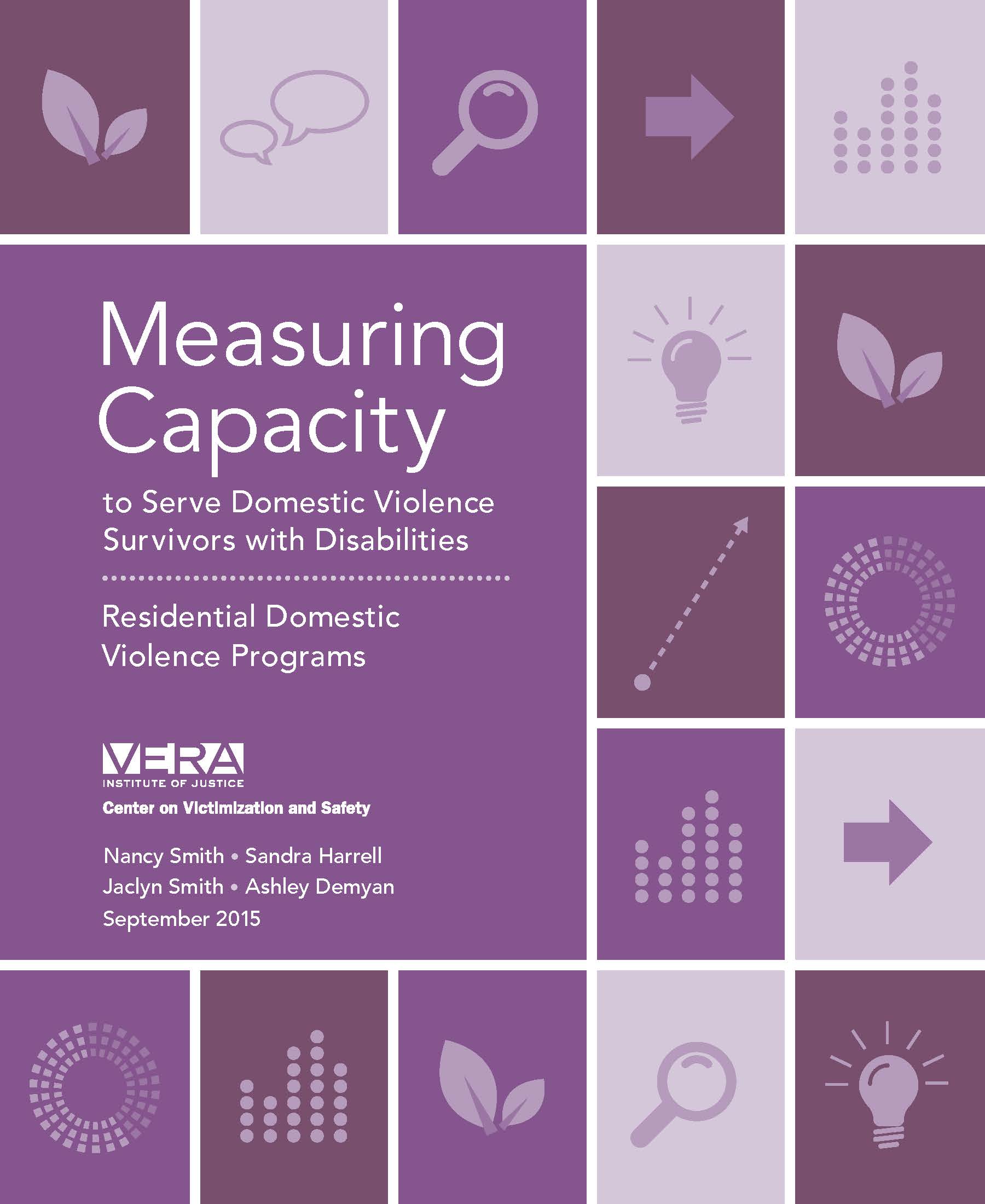 Purple cover with icon grid, with text Measuring Capacity to Serve Domestic Violence Survivors with Disabilities, Residential Domestic Violence Programs.