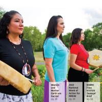 Restoration Vol. 19, Issue 1 Cover: Three Native women singing, two of the women are holder drums.