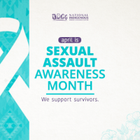 1. A graphic promoting Sexual Assault Awareness Month, featuring a teal ribbon and the text "Support Survivors, Raise Awareness."