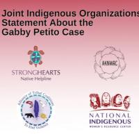 Red background fading into white with text at top 'Joint Indigenous Organizations Statement About the Gabby Petito Case' and Indigenous organization logos at bottom.