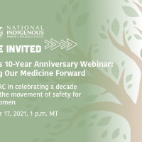 "You're invited NIWRC's 10-year anniversary webinar: Carrying our medicine forward. Join NIWRC in celebrating a decade of lifting the movement of safety for Native women" in white with white NIWRC logo over green overlay and tree graphic