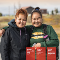 Red NativeLove logo. Red title: RELATIONSHIPS. Subtitle in black: Healthy | Unhealthy | When There is Danger. Light orange overlay over photo of two Native youth smiling.