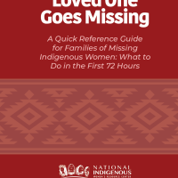 cover of booklet with white text reading: when a loved one goes missing, A Quick Reference Guide for Families of Missing Indigenous Women: What to Do in the First 72 Hours 