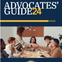 Cover of the Advocates' Guide. Dark blue background with the title reading "ADVOCATES' GUIDE '24", with a photo of 6 people sitting around a table at a meeting with smiles.