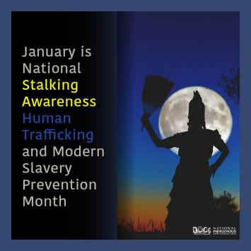 Silhouette of Indigenous woman holding fan with full moon on horizon. Text to the left of the image reads" January is National Stalking Awareness, Human Trafficking, and Slavery Prevention Month"