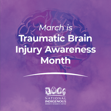 outline of brain with clouds of pink and purple surrounding it with white text reading "March is Traumatic Brain Injury Awareness Month"