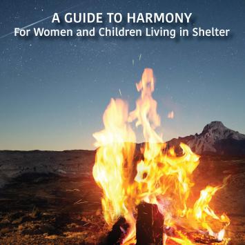 White text above campfire image with dark blue sky in background:A Guide to Harmony For Women and Children Living in Shelter. Purple NIWRC logo and text box with "add program logo here" over white box in bottom center.